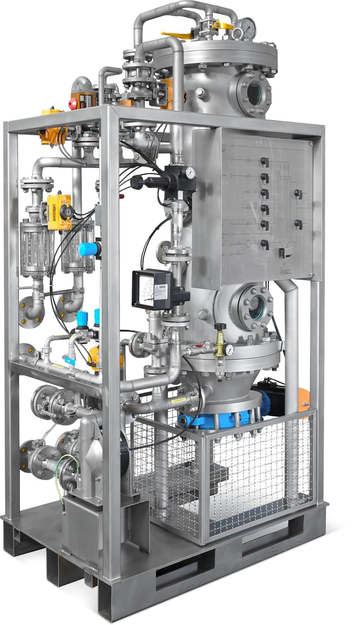 Skid-mounted stainless steel BHS pilot filter unit with piping, valves, sight glasses and a control panel